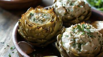 Experience the ultimate comfort food with these firekissed artichokes crispy on the outside and tender on the inside begging to be dipped in their savory garlicky sauce photo