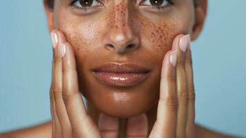 A shot of a womans hands showcasing visible improvement in sun damage and hyperpigmentation after incorporating sauna use into her skincare routine. photo