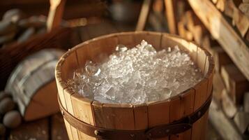 A wooden bucket filled with icecold water used in alternating with the sauna to promote circulation and invigorate the body. photo
