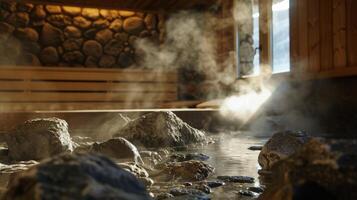 vapor sube desde el rocas en el sauna como empleados asentar en a tomar ventaja de el teutico beneficios. foto