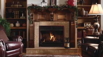 The classic woodburning fireplace is enhanced with builtin shelves for storage and display making it the perfect centerpiece for a traditional living room. 2d flat cartoon photo