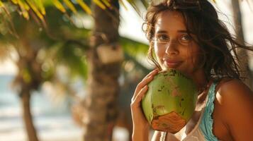 un mujer carreras a lo largo el frente a la playa tomando un descanso a sorbo en algunos recién vertido Coco agua desde un borde del camino puesto foto