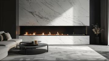 The marble hearth and surround are seamlessly integrated into the wall giving the fireplace a clean and seamless look that complements the modern design of the room. 2d flat cartoon photo