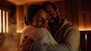 un Pareja abraza en un calentar abrazo después un sauna sesión sensación refrescado y renovado en su vínculo. foto