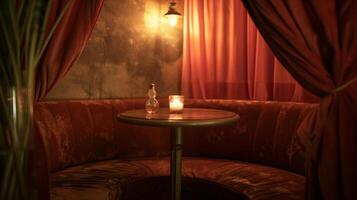 un acogedor esquina cabina con un pequeño mesa adornado con un parpadeando vela y un felpa terciopelo cortina Proporcionar privacidad. 2d plano dibujos animados foto
