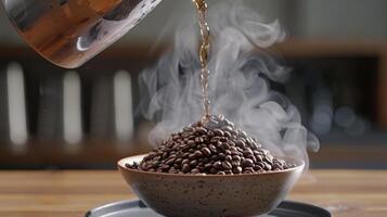 Steaming hot water being poured in a seamless motion over a mound of ground coffee beans in a ceramic Chemex pourover cone photo