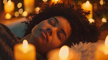 A person rests in a comfortable position surrounded by calming candles and the gentle scent of ylangylang essential oil photo