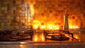 The warm golden light of the candles casts shadows on the glossy tiled backsplash behind the stove. 2d flat cartoon photo