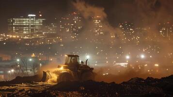 A bulldozer digs into the earth sending clouds of dust and debris into the air as the citys illuminated buildings serve as a stunning backdrop photo