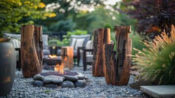 Rustic wooden sculptures line the perimeter of the fire pit their rough textures and natural forms blending harmoniously with the outdoor setting. 2d flat cartoon photo