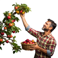 un alegre hombre escoge maduro manzanas dentro un tejido cesta png