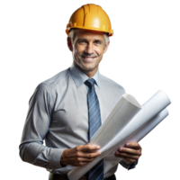 Confident engineer with plans wearing a safety helmet png