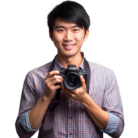 A cheerful man with a camera, preparing to take a photo png