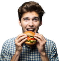 Excited young man eagerly bites into a mouth-watering burger png