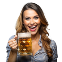 Cheerful lady toasting with a mug of beer png