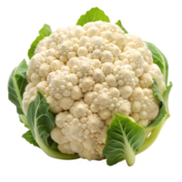 A whole cauliflower with its green leaves on transparent png