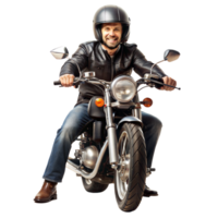 Cheerful biker with helmet on a motorbike png