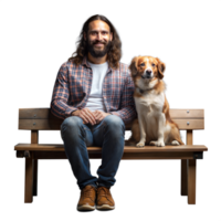 en Lycklig man och hans hund utgör tillsammans på en bänk png