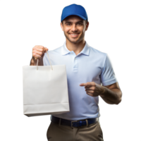 Cheerful courier holding and pointing at a package png