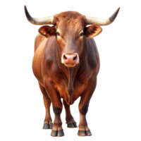 bruin koe met groot hoorns staand in voorkant van een transparant achtergrond png