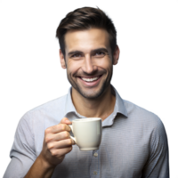 heiter Mann mit ein Kaffee Becher im ein beiläufig Rahmen png