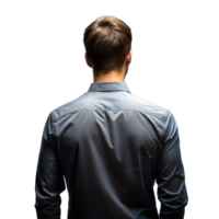 Rear view of a young man in a blue shirt looking away png
