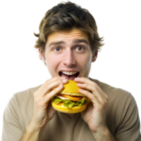 Man bites into a burger with a delighted expression png