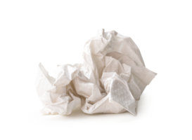 Front view of screwed or crumpled tissue paper ball after use in toilet or restroom isolated with clipping path and shadow in file format png