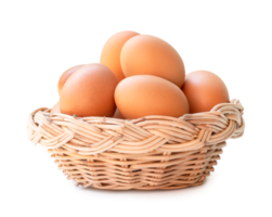 Front view of brown chicken eggs in stack in wicker basket isolated with clipping path and shadow in file format png