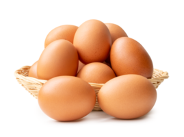 Front view of chicken eggs in stack in wicker basket isolated with clipping path and shadow in file format png