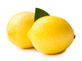 Side view of yellow lemon fruit with green leaf isolated with clipping path and shadow in file format png