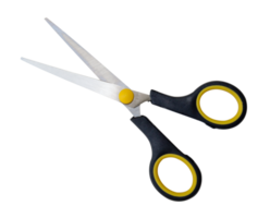 Top view of a pair of small multipurpose scissors with black handle isolated with clipping path in file format png