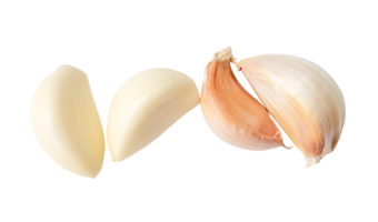 Top view set of peeled and unpeeled garlic cloves isolated with clipping path in file format png