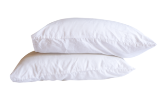 Side view of two wrinkled white pillow with cases in stack isolated with clipping path in file format png