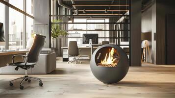 In a contemporary office space the fire orb serves as a focal point and a practical heating solution perfect for chilly workdays. 2d flat cartoon photo