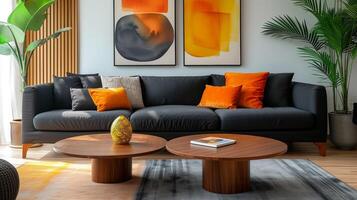 A modern living room with a sleek black couch a minimalist wooden coffee table and a few bold art pieces showing that retirement living can be stylish and streamlined wit photo