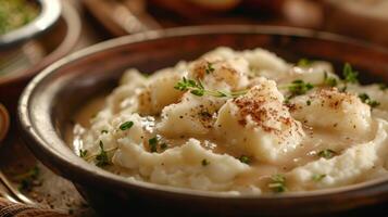 Piles of fluffy mashed potatoes smothered in rich gravy are the perfect complement to any hearty Western dish photo