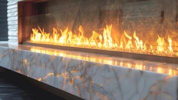 The flickering flames dance behind the glass doors of the fireplace while the marble surround reflects the light creating a mesmerizing display. 2d flat cartoon photo