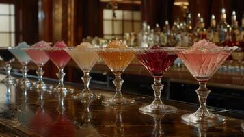 An array of uniquely shaped nonalcoholic martini glasses line the bar each filled with a different concoction to delight the taste buds photo