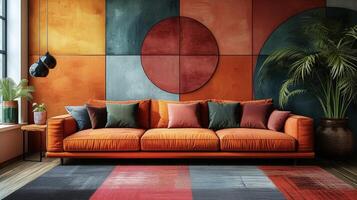 The walls of a chic living room are adorned with colorful geometric wallpaper featuring a mix of triangles squares and circles in shades of pink green and orange photo