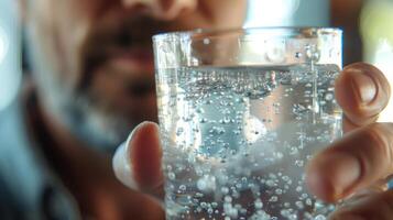 A man holds up a glass of sparkling spring water admiring its crystal clarity photo