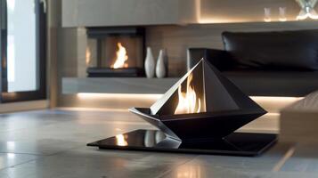 The sleek and angular design of the fireplace is enhanced by its rotating feature making it a statement piece in any room. 2d flat cartoon photo