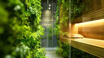 Bright green plants line the walls of a modern glasswalled sauna where guests are encouraged to drink plenty of water during their session. photo