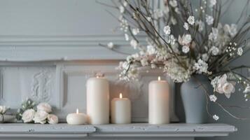 A serene and tranquil scene of a muted mantle with delicate taper candles softly lighting the room. 2d flat cartoon photo