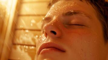 Closeup of a persons flushed face in the sauna beads of sweat trickling down their temples as they work to purify their body and feel better. photo