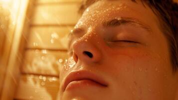 Closeup of a persons flushed face in the sauna beads of sweat trickling down their temples as they work to purify their body and feel better. photo