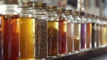 un póngase en fila de vaso frascos lleno con único sabores tal como lavanda miel chai mi y agua de rosas cardamomo foto