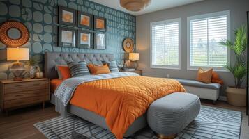 un vibrante popular de color ilumina arriba un acogedor dormitorio con un negrita característica pared adornado en geométrico fondo de pantalla patrones foto