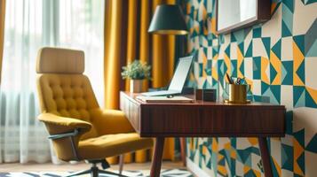 A midcentury modern inspired office space with a sleek desk retroinspired chair and geometric accents in shades of mustard and teal photo