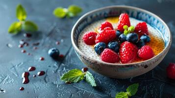 A bowl of creamy coconut chia pudding topped with fresh berries and a drizzle of honey photo